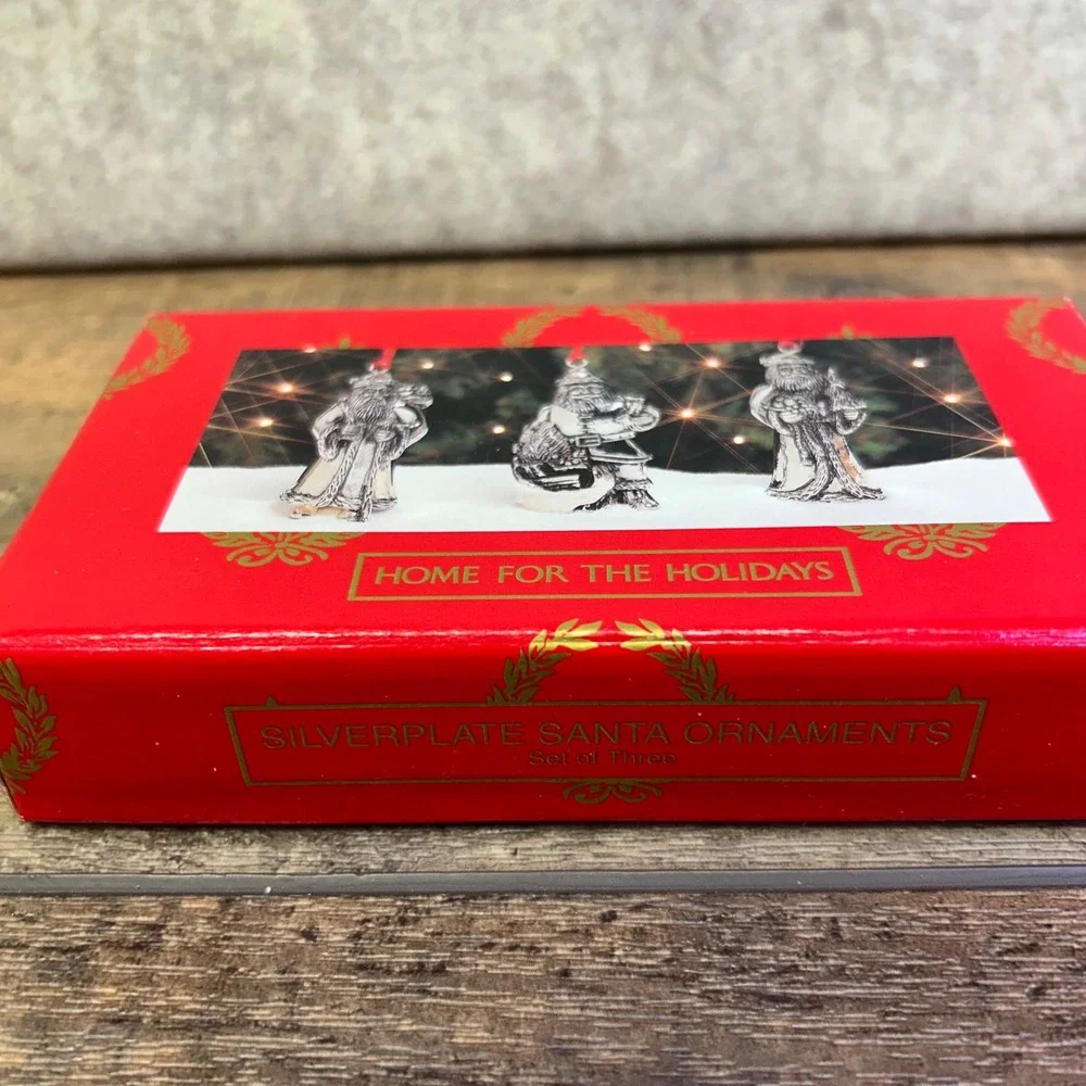 NIB Home For The‎ Holidays Silverplate Santa Ornaments Set of 3 Christmas Decor